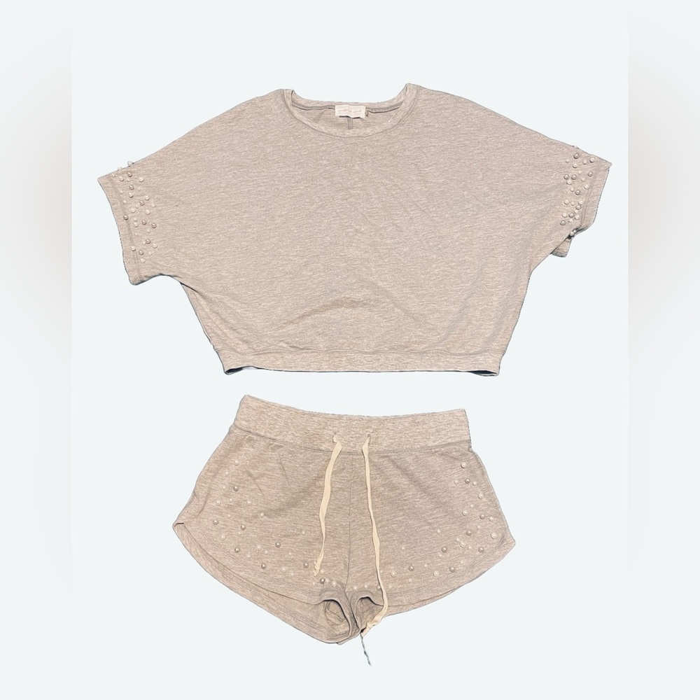Mustard Seed Two Piece Grey Crop Top And shorts With Pearl Beading Size Small